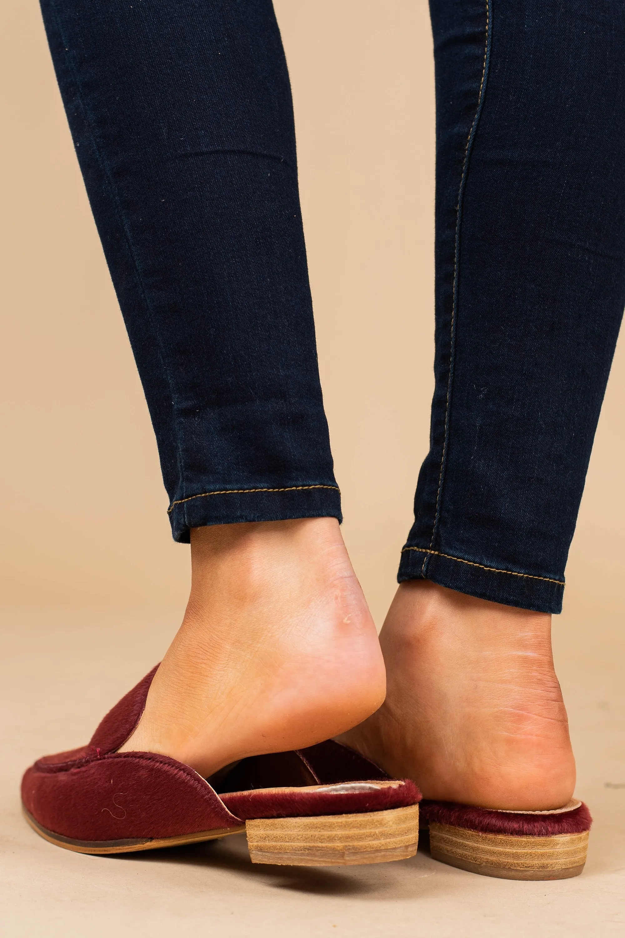Going Up Wine Red Velvet Flat Mules