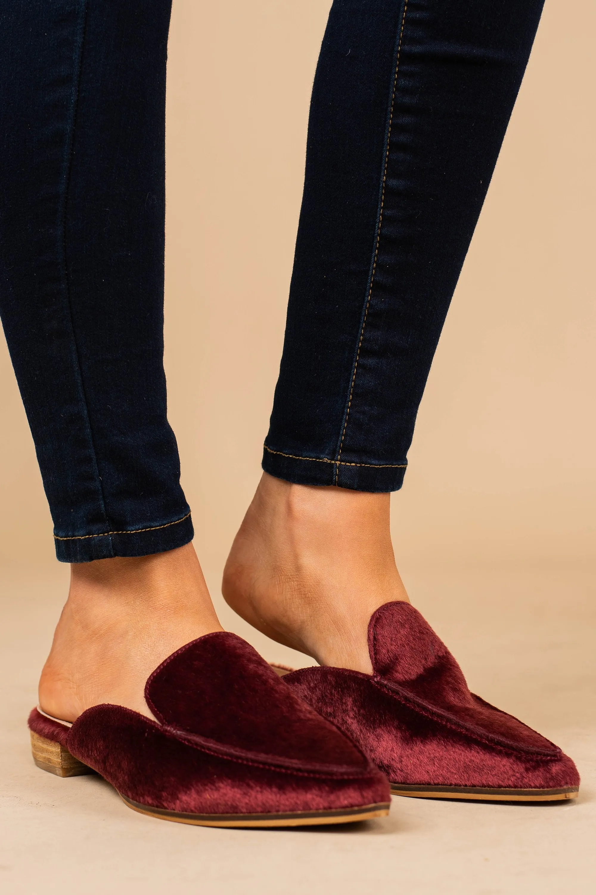 Going Up Wine Red Velvet Flat Mules