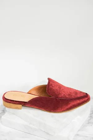 Going Up Wine Red Velvet Flat Mules