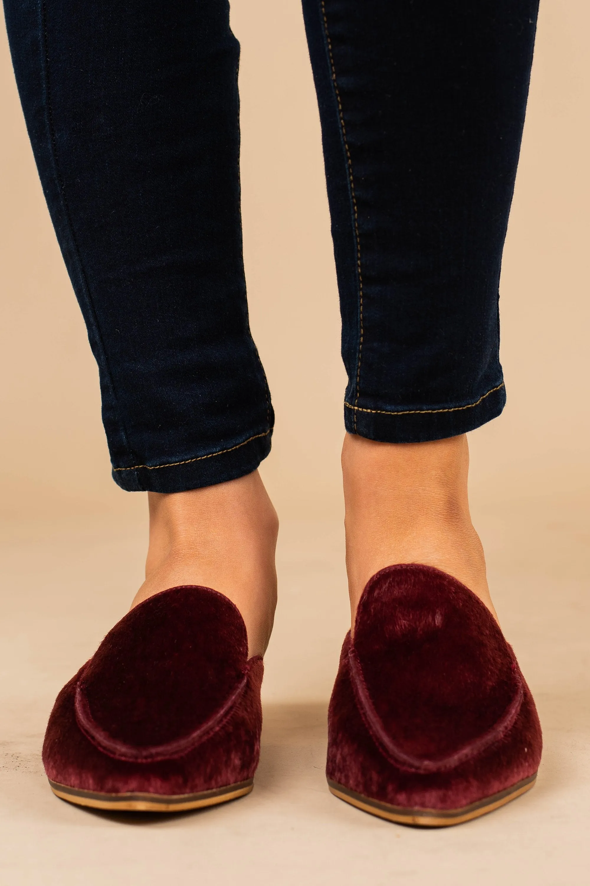 Going Up Wine Red Velvet Flat Mules