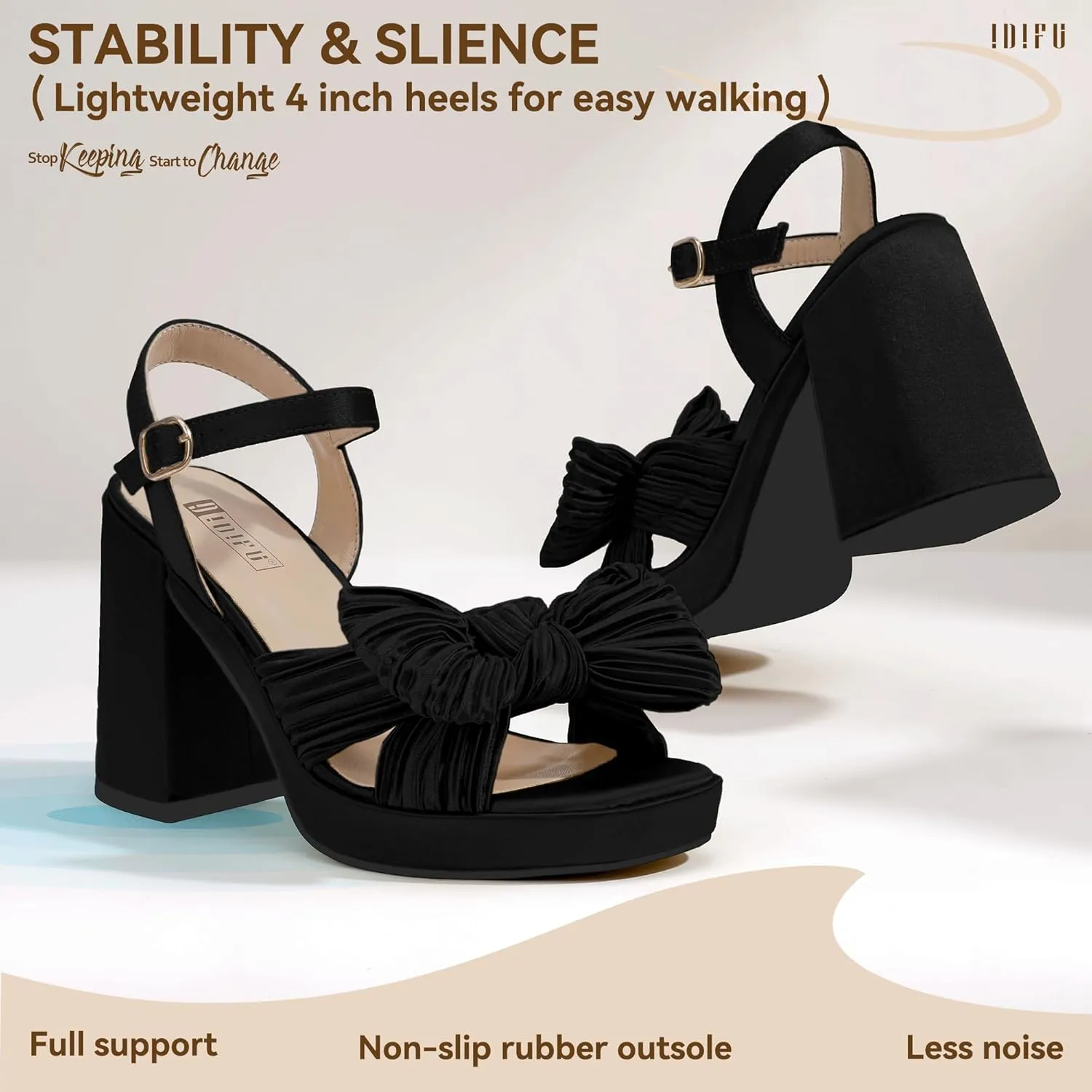 IDIFU IN4 Platform Chunky Block High Bow Heels Square Open Toe Slingback Heeled Sandals Bride Bridesmaid Wedding Bridal Prom Dress Shoes Comfortable Dressy Cute Ankle Strap Thick Heels