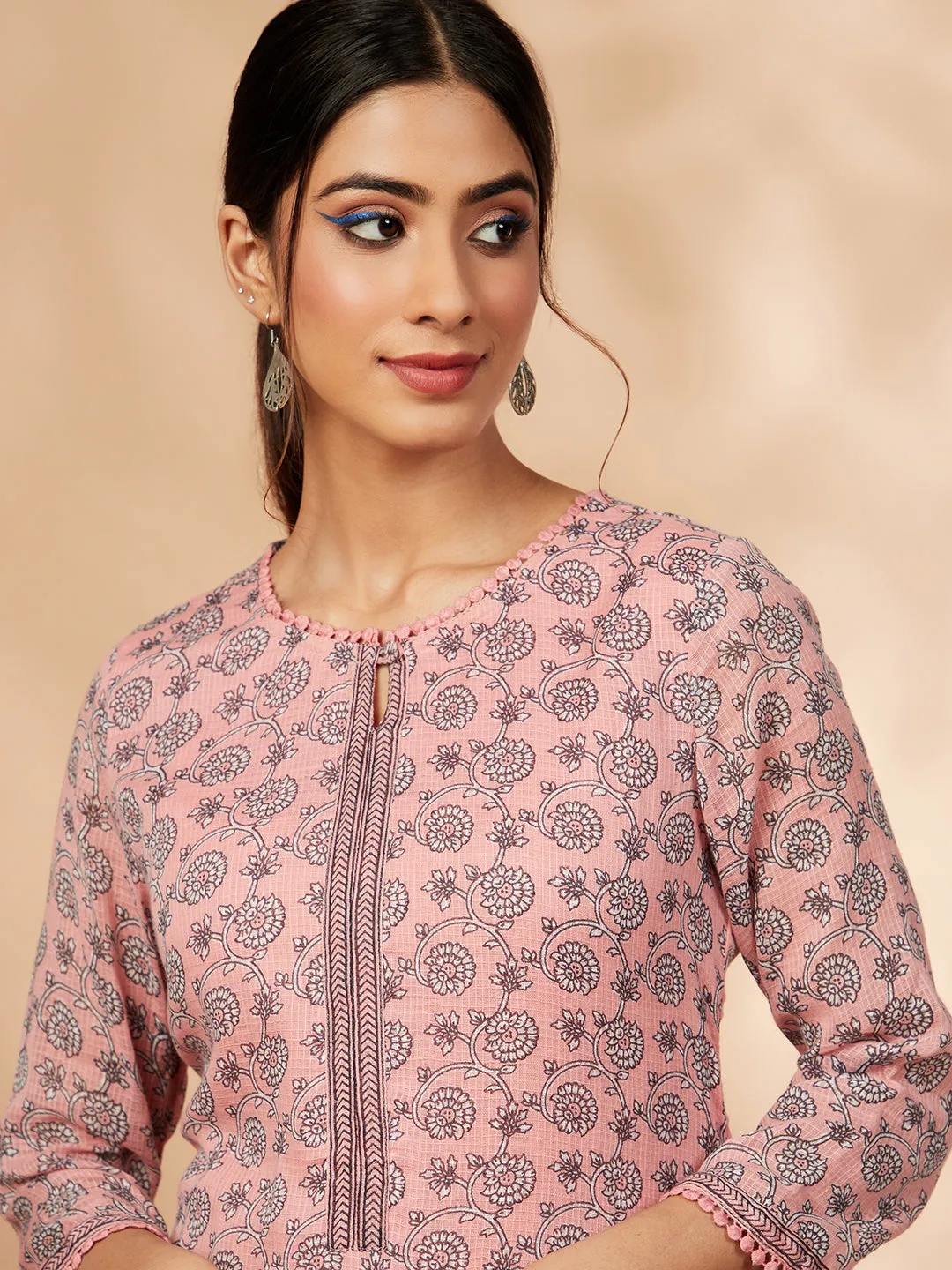 Light Pink Floral Print Straight Kurta