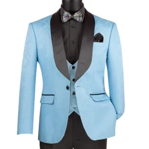 Men’s Light Blue Paisley Jacquard Tuxedo – Slim Fit 3-Piece Set with Black Satin Lapels