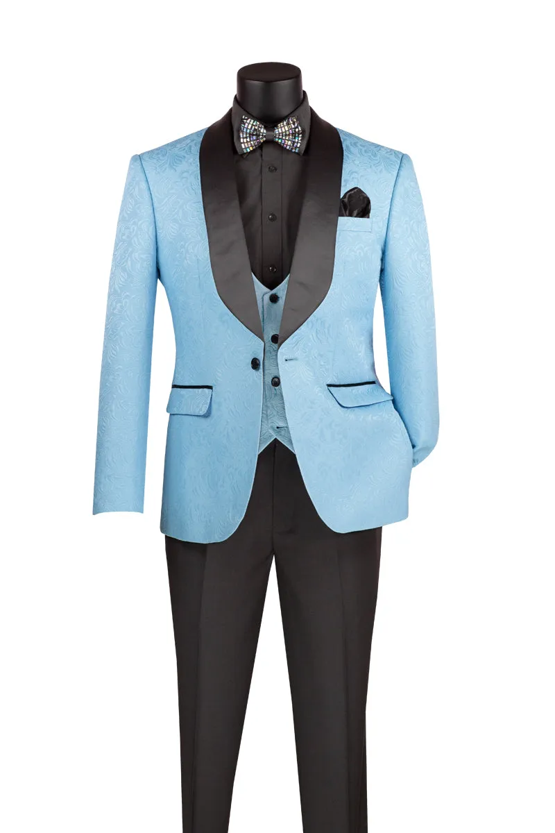 Men’s Light Blue Paisley Jacquard Tuxedo – Slim Fit 3-Piece Set with Black Satin Lapels