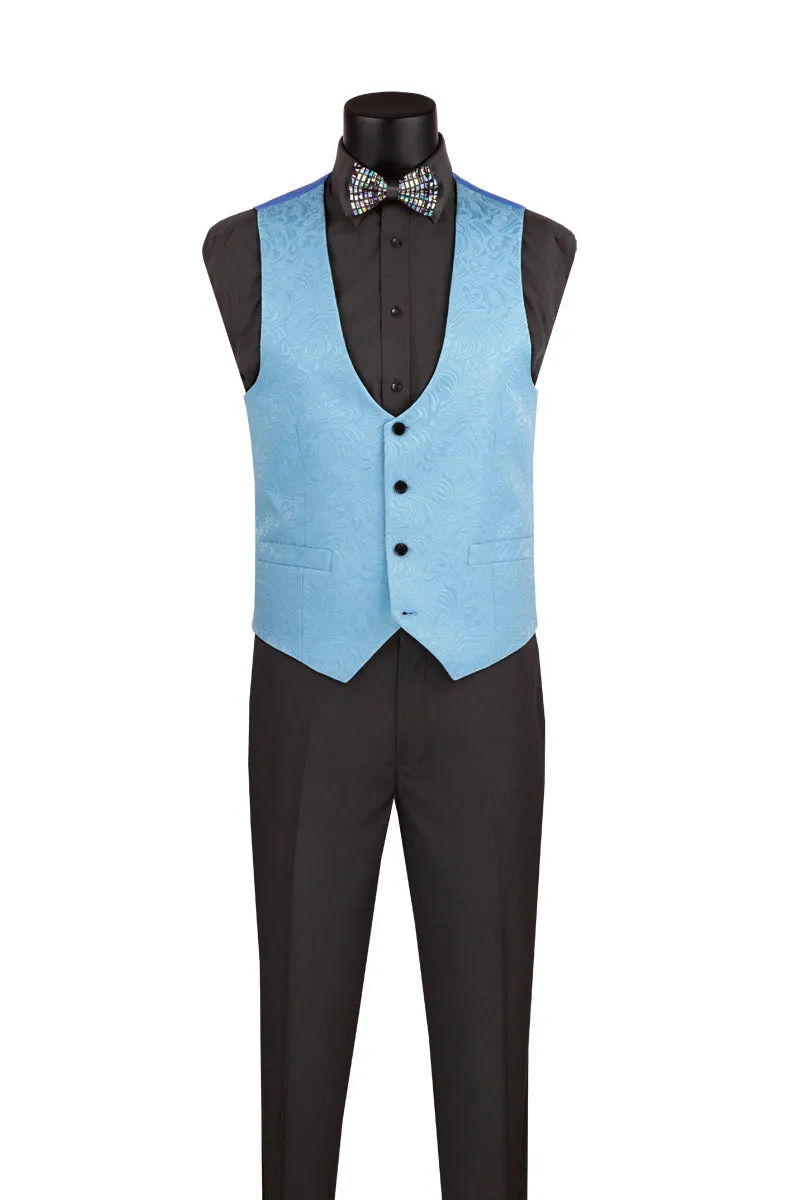 Men’s Light Blue Paisley Jacquard Tuxedo – Slim Fit 3-Piece Set with Black Satin Lapels