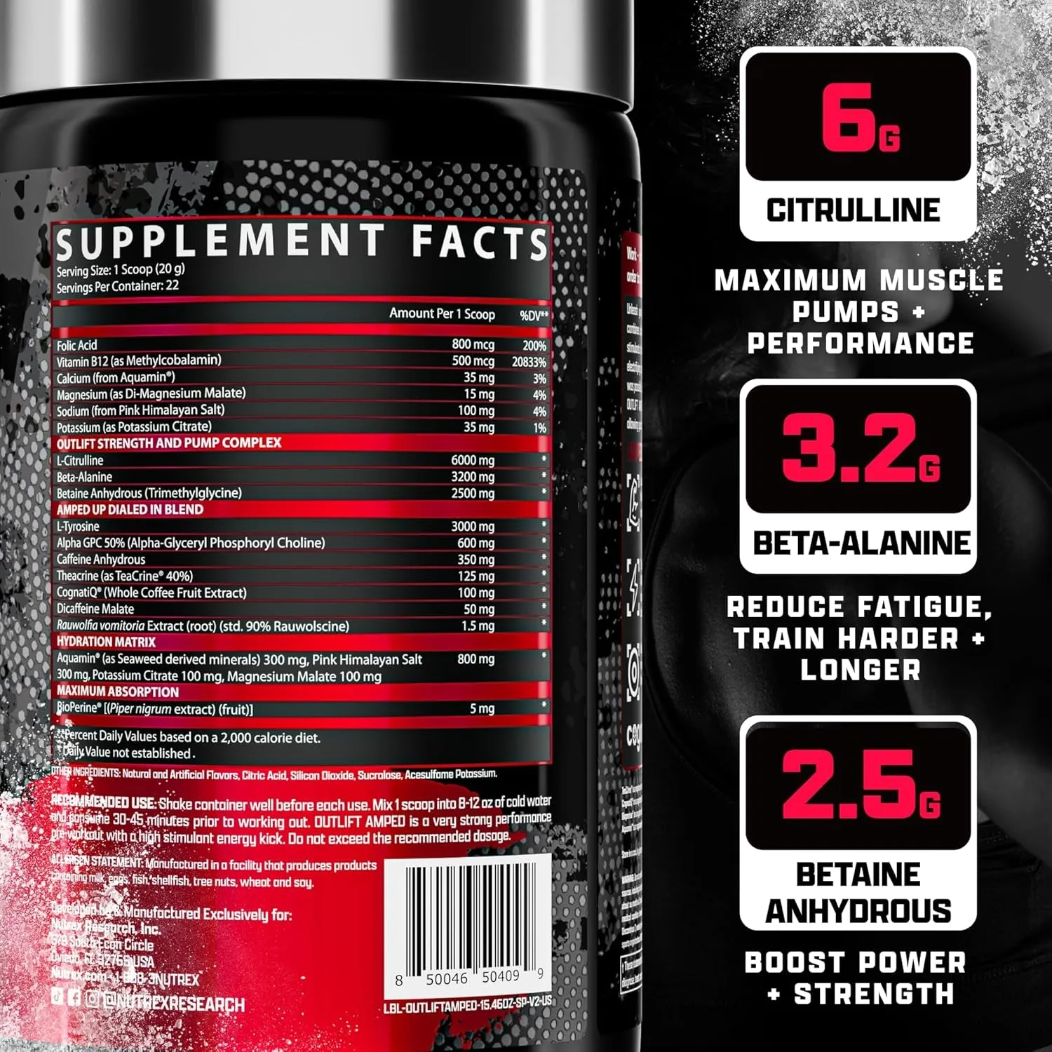 OUTLIFT Amped High-Stim Pre-Workout Powder - Max Dosed Formula 6g Citrulline, 3.2g Beta-Alanine, Alpha GPC, Cognatiq
