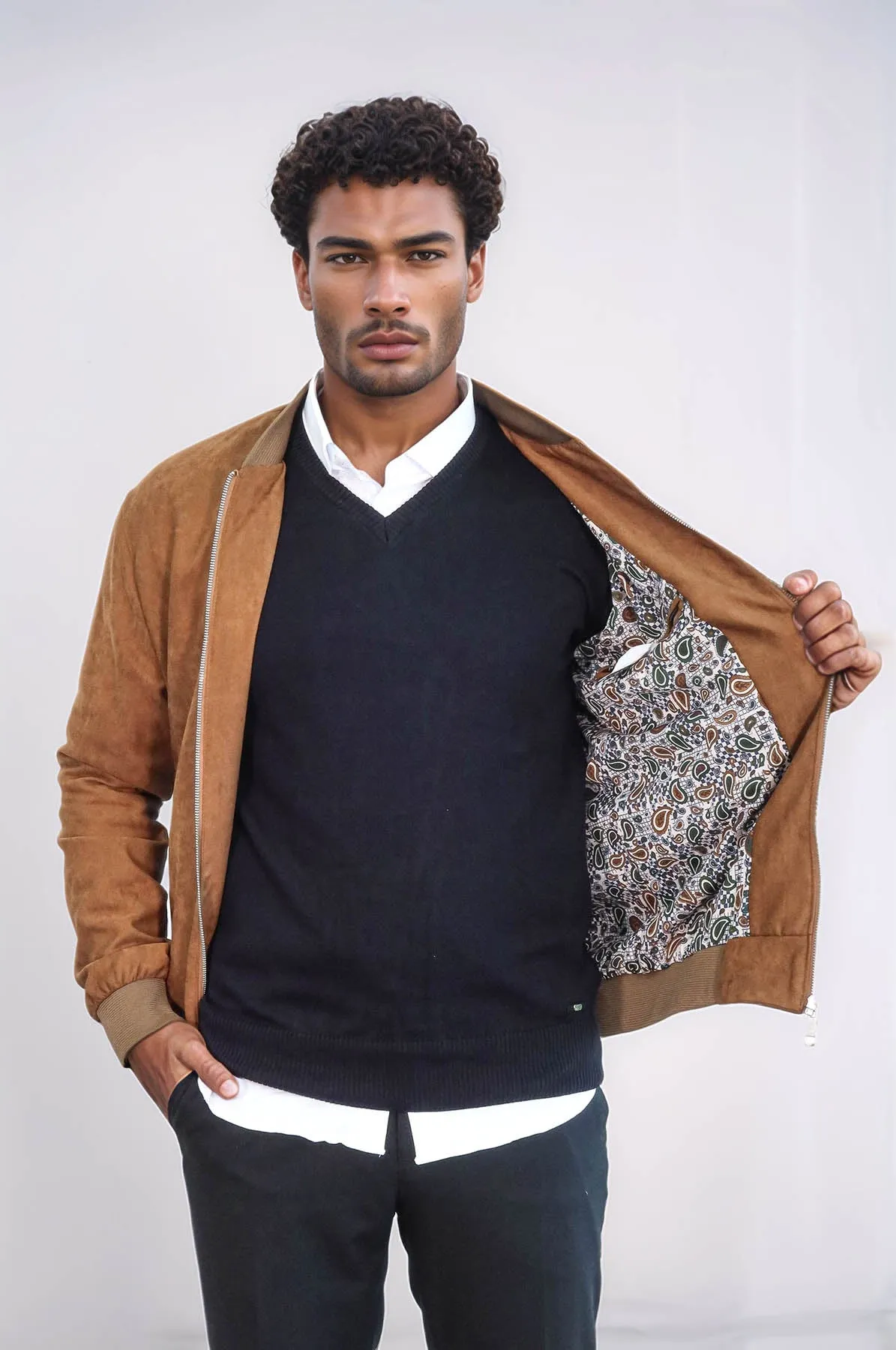 Plain Zippered Pockets Tan Men Bomber Coat - Wessi