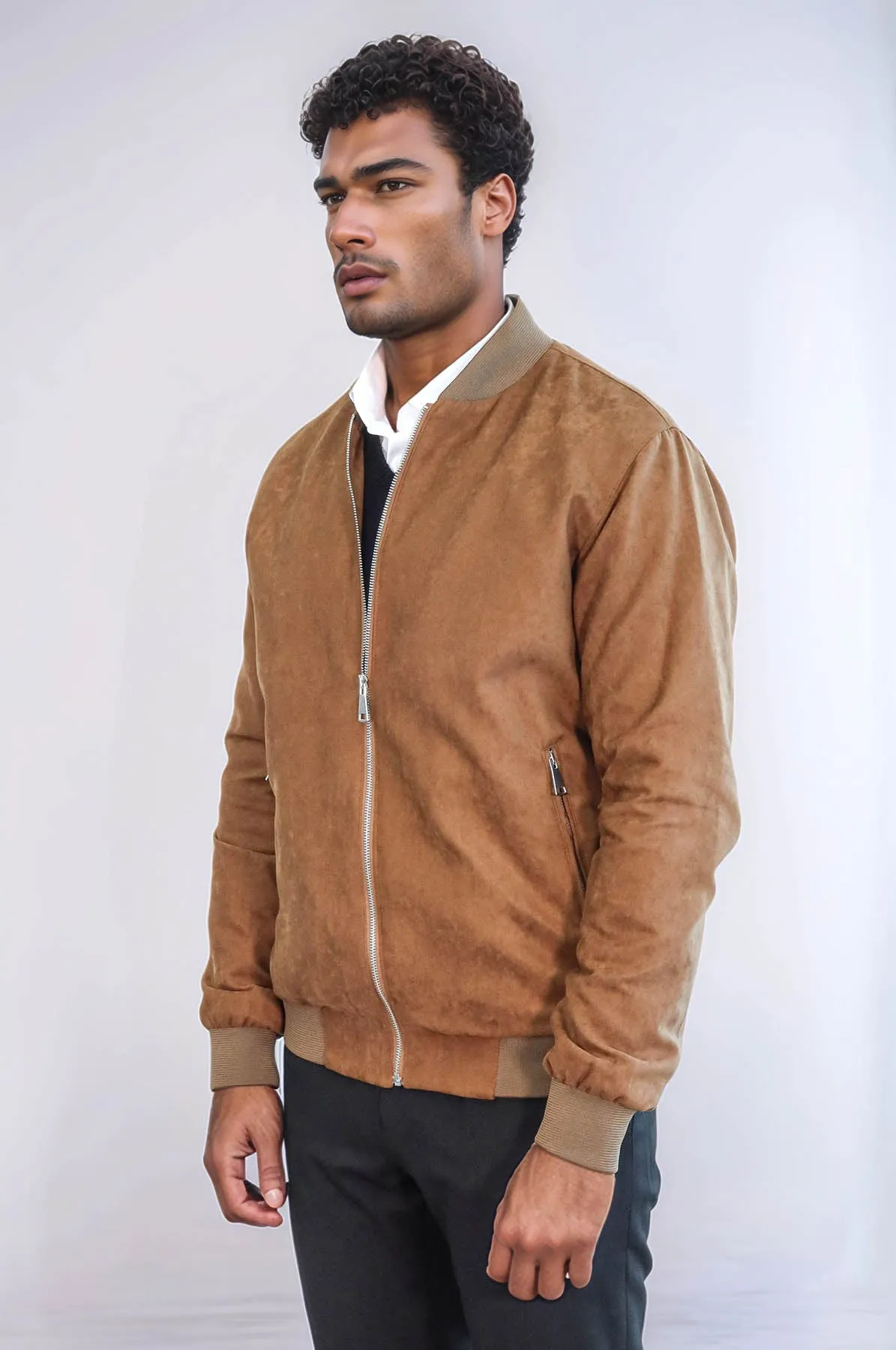 Plain Zippered Pockets Tan Men Bomber Coat - Wessi