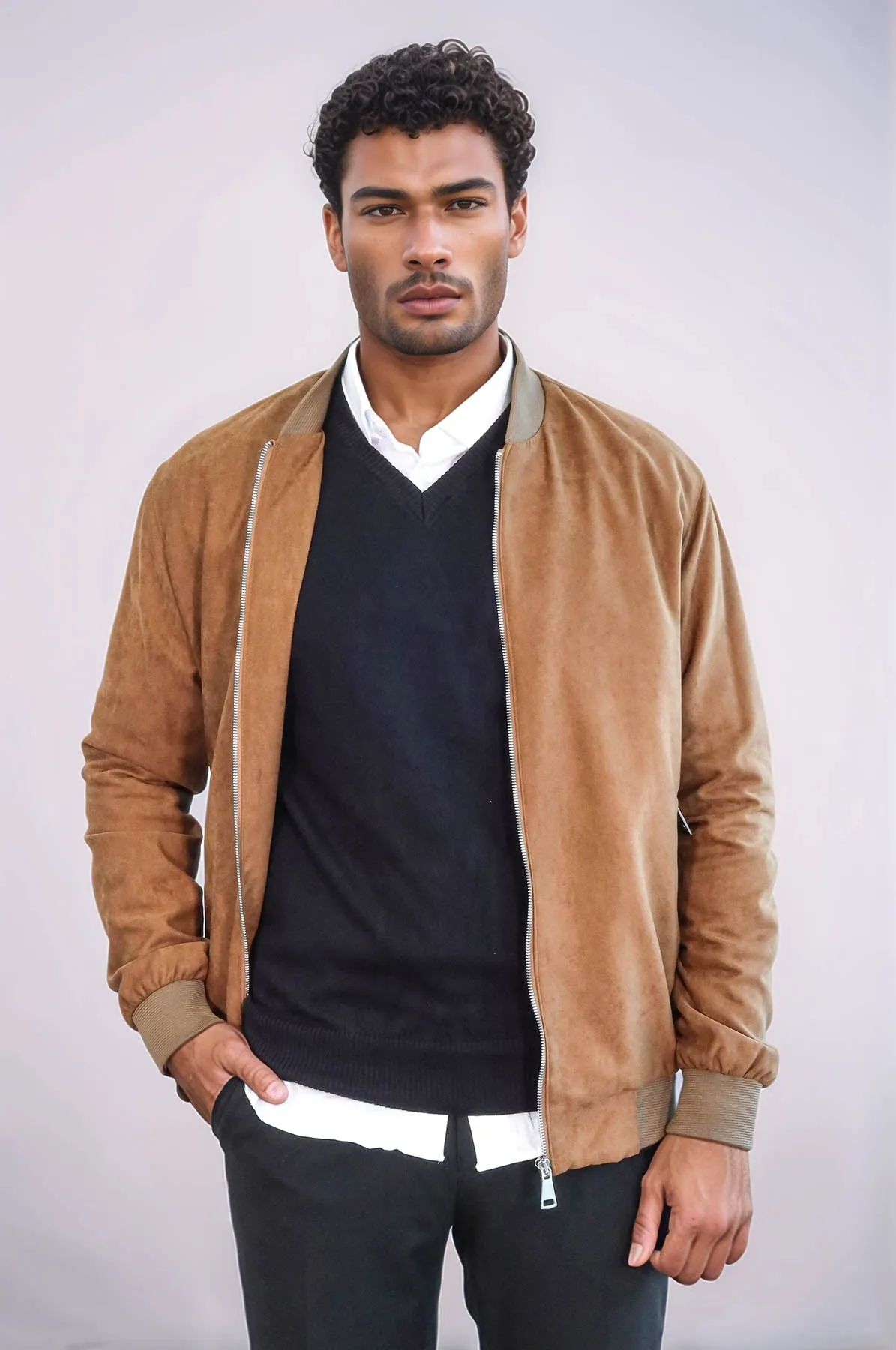 Plain Zippered Pockets Tan Men Bomber Coat - Wessi