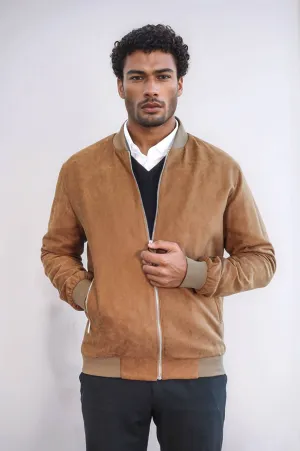 Plain Zippered Pockets Tan Men Bomber Coat - Wessi