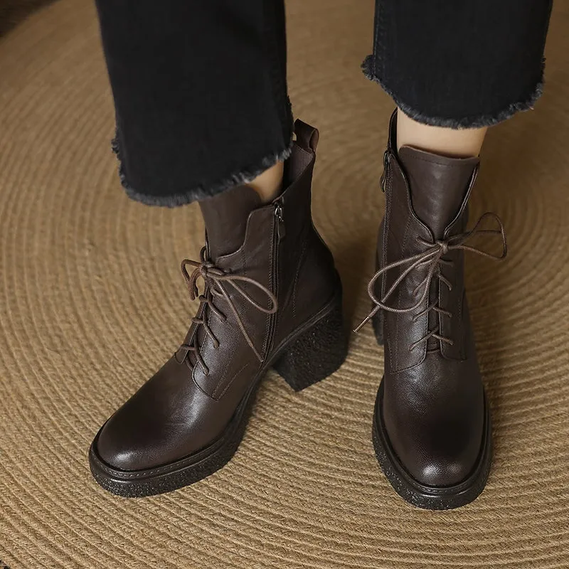 Retro 80mm Chunky Block Heel Lace-Up Combat Boots with Side Zipper Brown/Black