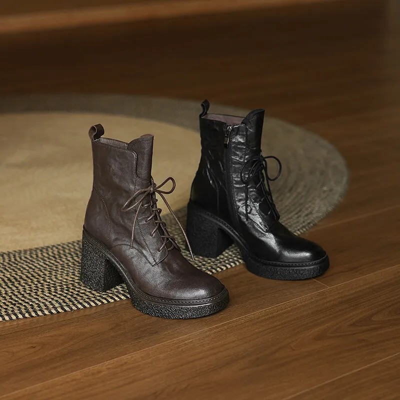 Retro 80mm Chunky Block Heel Lace-Up Combat Boots with Side Zipper Brown/Black