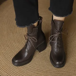 Retro 80mm Chunky Block Heel Lace-Up Combat Boots with Side Zipper Brown/Black