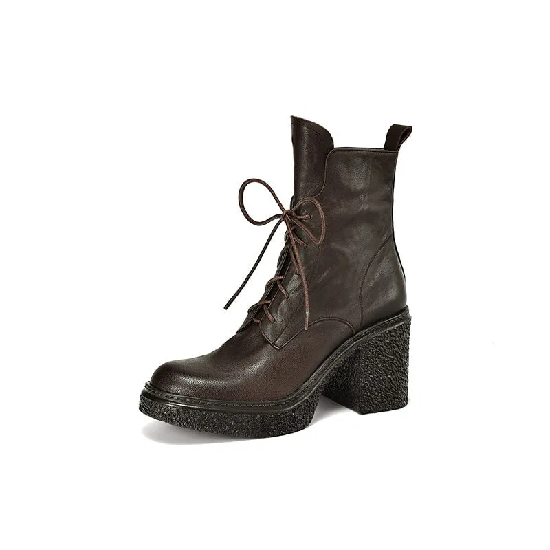 Retro 80mm Chunky Block Heel Lace-Up Combat Boots with Side Zipper Brown/Black