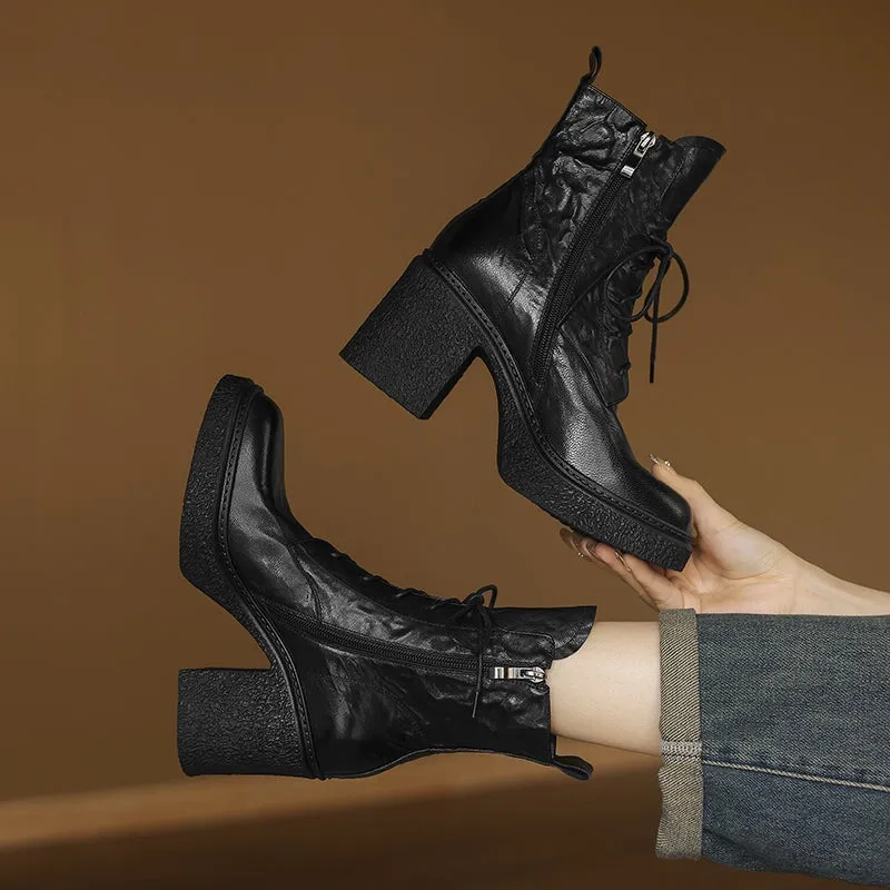 Retro 80mm Chunky Block Heel Lace-Up Combat Boots with Side Zipper Brown/Black