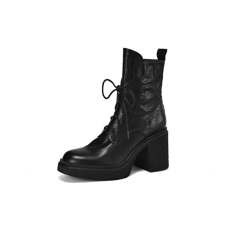 Retro 80mm Chunky Block Heel Lace-Up Combat Boots with Side Zipper Brown/Black