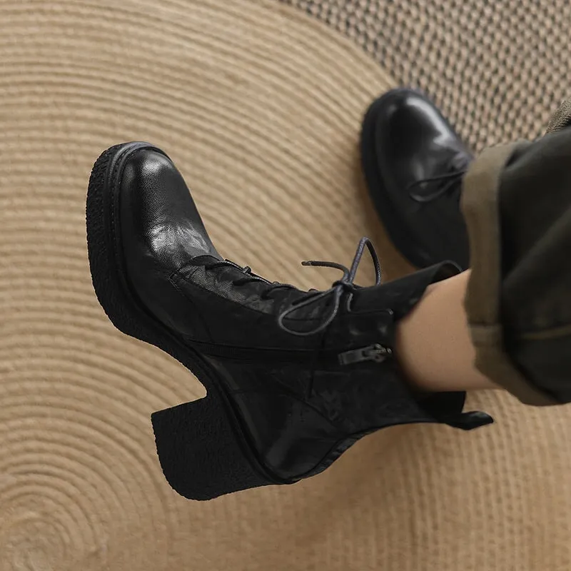Retro 80mm Chunky Block Heel Lace-Up Combat Boots with Side Zipper Brown/Black