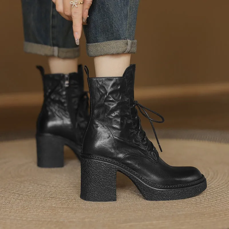 Retro 80mm Chunky Block Heel Lace-Up Combat Boots with Side Zipper Brown/Black