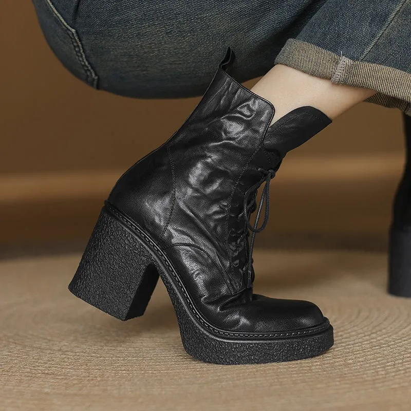 Retro 80mm Chunky Block Heel Lace-Up Combat Boots with Side Zipper Brown/Black